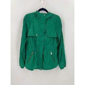 Zara Basic Kelly Green Hooded Full Zip Anorak Rain Jacket Utility Shell Small S
